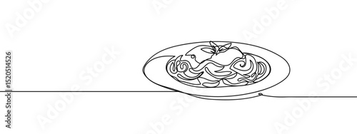 Continuous spaghetti on a plate Line Art Vector Transparent Background Edit Stroke.