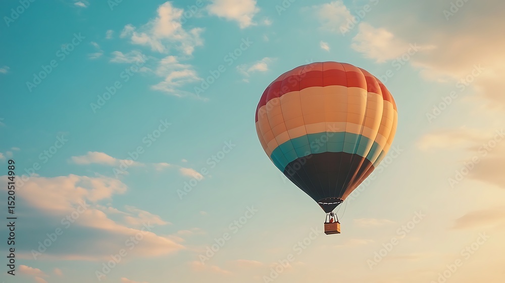 Fototapeta premium Colorful hot air balloon soaring through a light sky.
