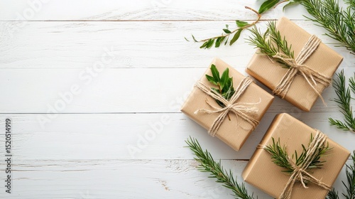 Three wrapped presents with green and brown ribbons on a white wooden table with greenery and a white background.