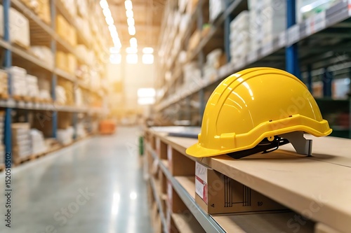 Yellow construction helmet on store shelf with blurred background. Symbol of workplace safety, protective gear, labor protection, caution, engineering industry, hazard awareness, and professional equi