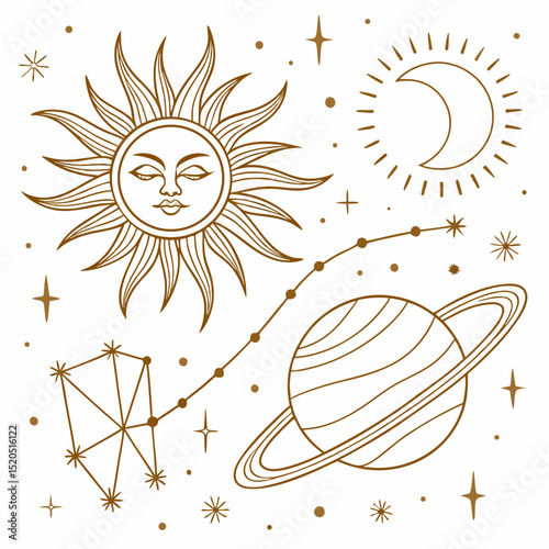 Celestial Line Art: Sun, Moon, Planets, Stars, Constellations