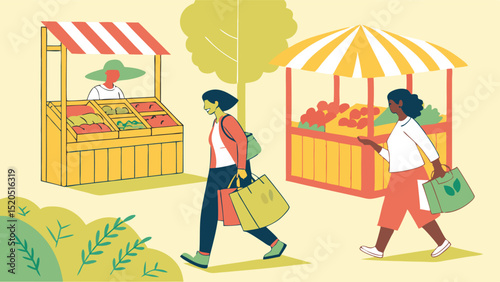 Farmers market illustration with people shopping for fresh produce and supporting local vendors today now