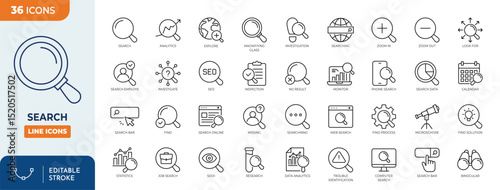 Search line editable icon set. Containing magnifying glass, find, research, SEO, investigate, and more. Editable stroke. Vector illustration