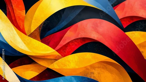 Abstract art featuring layered curving shapes in yellow, red, blue, and black against a dark background