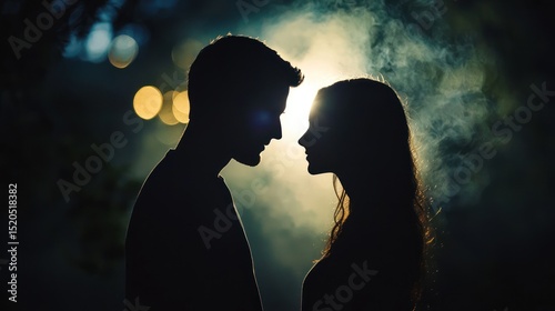 A silhouette of a man and a woman standing close to each other in a dimly lit room with a warm, yellow light shining through a window. photo