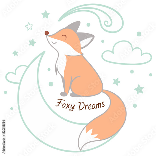 Cute Cartoon Fox Sitting on Moon with Stars, Clouds and Foxy Dreams
