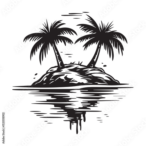 Silhouetted tropical islands with palm trees, birds in flight, with varying shapes and sizes representing a tranquil escape