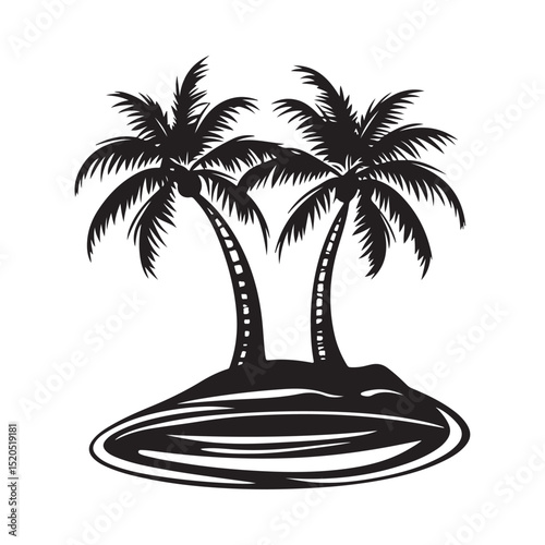 Silhouetted tropical islands with palm trees, birds in flight, with varying shapes and sizes representing a tranquil escape