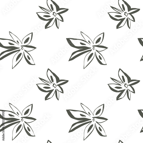 Green whimsical star anise pattern drawn by hand with organic line on white seamless background for natural design