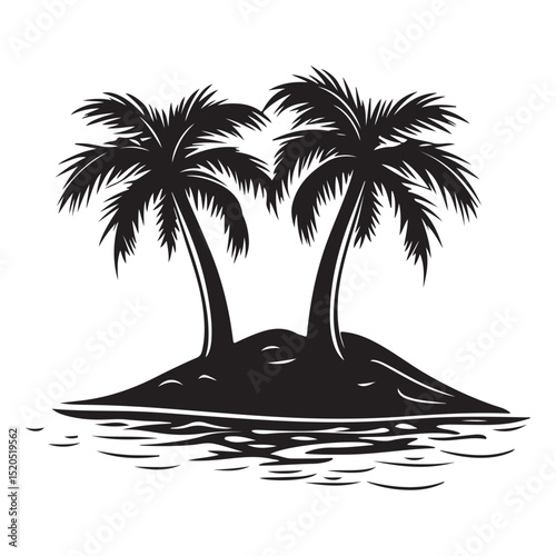 Silhouetted tropical islands with palm trees, birds in flight, with varying shapes and sizes representing a tranquil escape