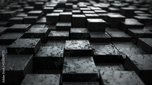 Array of metallic, textured dark cubes receding into the distance