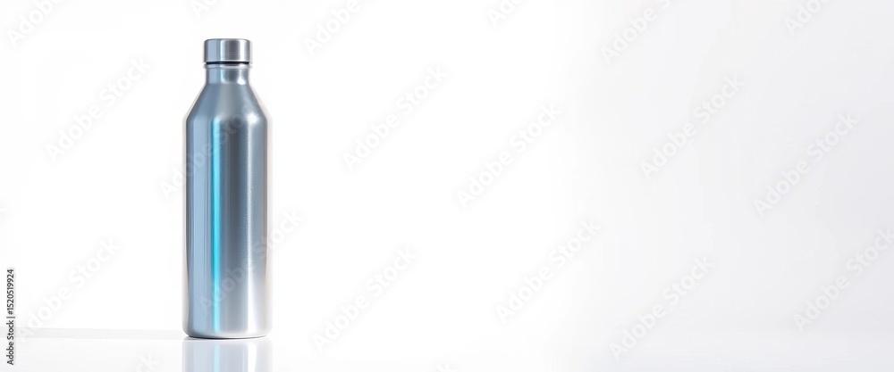 Fototapeta premium Sleek silver water bottle, gleaming on pristine white background, reusable, silver