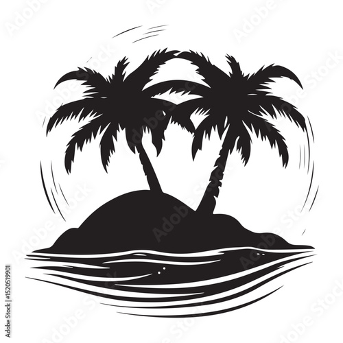 Silhouetted tropical islands with palm trees, birds in flight, with varying shapes and sizes representing a tranquil escape