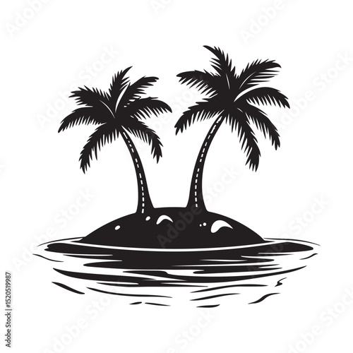 Silhouetted tropical islands with palm trees, birds in flight, with varying shapes and sizes representing a tranquil escape
