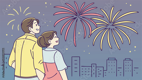 A couple watching fireworks over a cityscape with a man in yellow and a woman in a pink dress happy