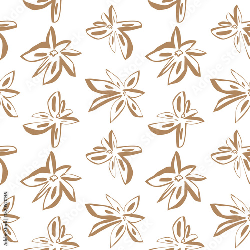 Light brown star anise flower pattern on white background with hand drawn line art spices seamless design