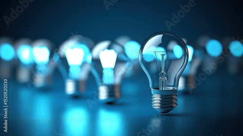 A group of light bulbs illuminated with blue light, arranged in a row on a dark blue background.