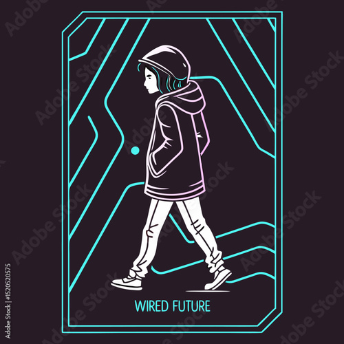 Wired Future: Young Person Walking Through a Digital Landscape