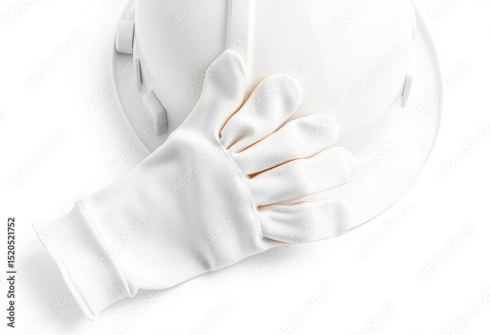 Obraz premium A pair of pristine white cotton work gloves and a hard hat, isolated on white, protection, manufacturing