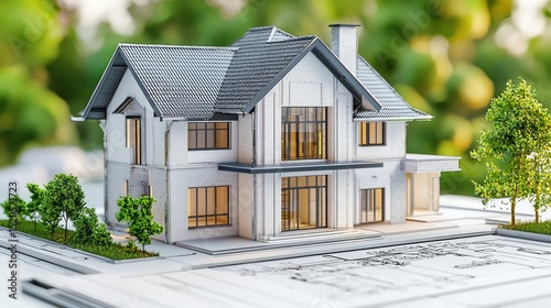 A white and black model of a house with a green roof and black roof tiles, placed on a white surface with greenery in the background.
