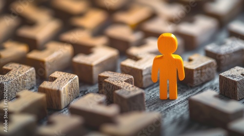 A wooden figure of a person standing on a wooden surface with a wooden block background.