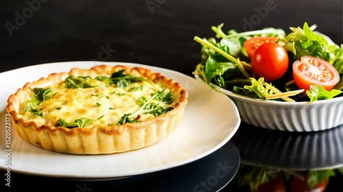 Savory quiche served on a plate beside fresh salad with tomatoes  