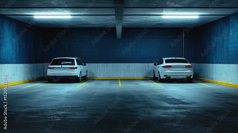 Obraz premium Two white cars parked in a dark, empty parking garage with blue lighting.