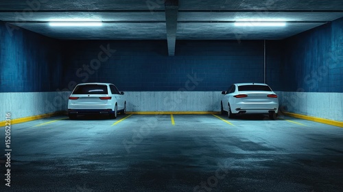 Two white cars parked in a dark, empty parking garage with blue lighting.