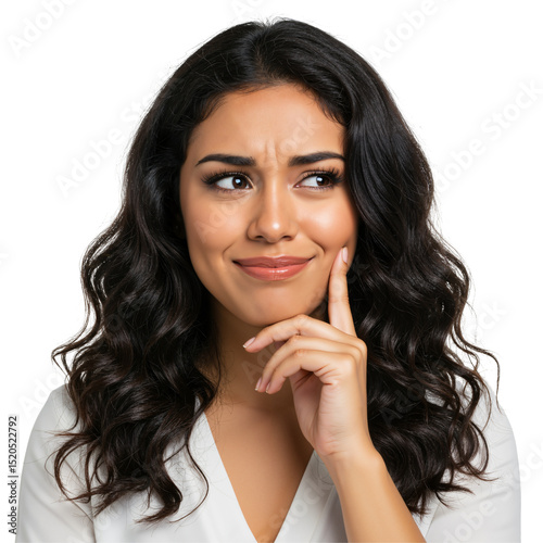 Young Latina woman with dark wavy hair thinking, hand on chin, looking aside with a skeptical and curious expression. Isolated on transparent background, studio portrait.