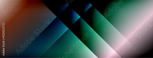 Abstract geometric shapes blend vibrant colors. Diagonal lines create dynamic composition, gradients shift smoothly. Minimalist design evokes modern aesthetic.