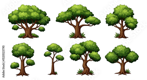 Cartoon tree illustrations with green leaves and brown trunks
