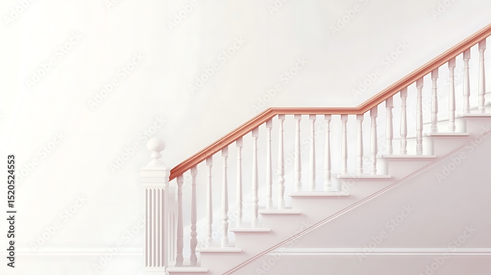 Fototapeta premium White staircase with wooden handrail against a pale wall.