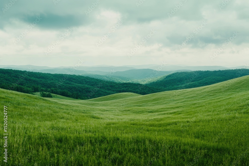 Fototapeta premium Lush green fields rolling hills under a cloudy sky.