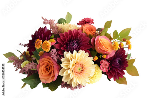 A colorful floral arrangement with dahlias and roses bloom on transparent background