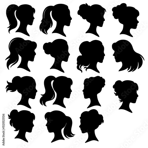 Woman heads in profile black silhouette outline avatars, Beautiful female faces profiles, anonymous portraits with hairstyle vector set, woman hair head