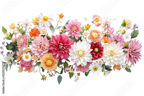 Arrangement of dahlias and daisies on transparent background