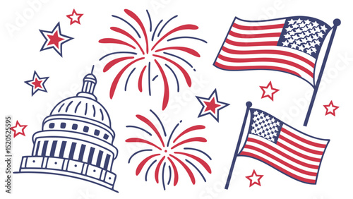 Patriotic themed illustration featuring flags fireworks stars and the united states capitol building