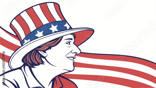 Illustration of a woman wearing a patriotic hat with stars and stripes against a flag backdrop