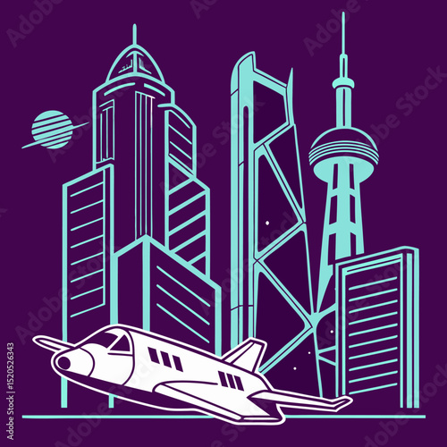 Futuristic Cityscape with Spaceship and Modern Skyscrapers