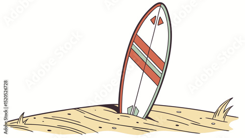A cartoon surfboard with red and green stripes standing in the sand with grass and a white background