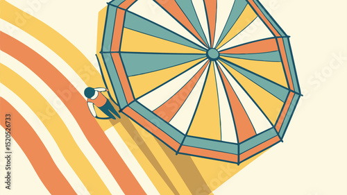 An aerial view of a person walking on a striped path towards a colorful beach umbrella on sand