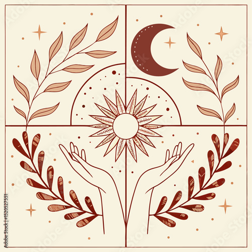 Mystical Sun, Moon, and Hands Boho Celestial Illustration