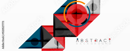 Geometric shapes overlap, creating dynamic abstract composition. Red, blue, orange hues dominate design. Minimalist style.