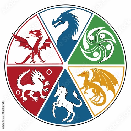 Fantasy Creatures Wheel with Dragons, Unicorn, and Celtic Knot