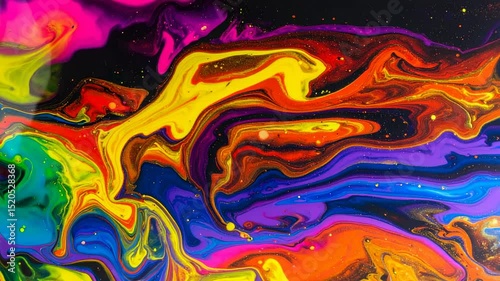 Colorful acrylic paints swirling with a sprinkling of glitter on black