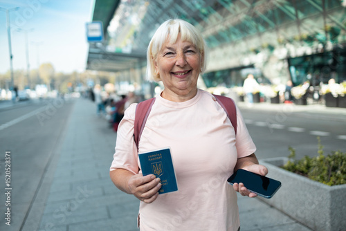 An elderly woman holding her passport and smartphone, smiling happily outside the airport terminal. She ready for her journey, prepared with the necessary documents and travel technology for smooth