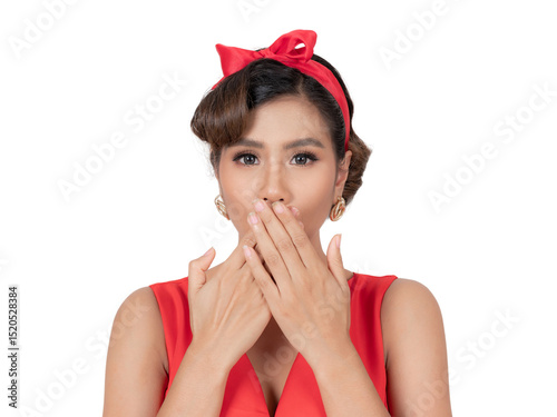 Surprised young Asian woman in red dress and vintage hairstyle covering her mouth with both hands, isolated on a transparent background, retro fashion, emotional expression, shock reaction concept