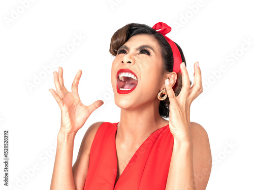 Angry and frustrated Asian woman in red dress screaming and clenching hands in rage, emotional expression of stress, madness, or mental breakdown isolated on transparent background