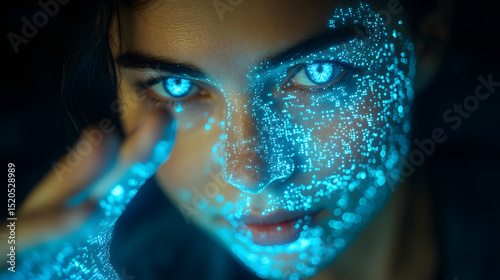 Futuristic woman digital face scan technology ai artificial intelligence glowing eyes face recognition 100