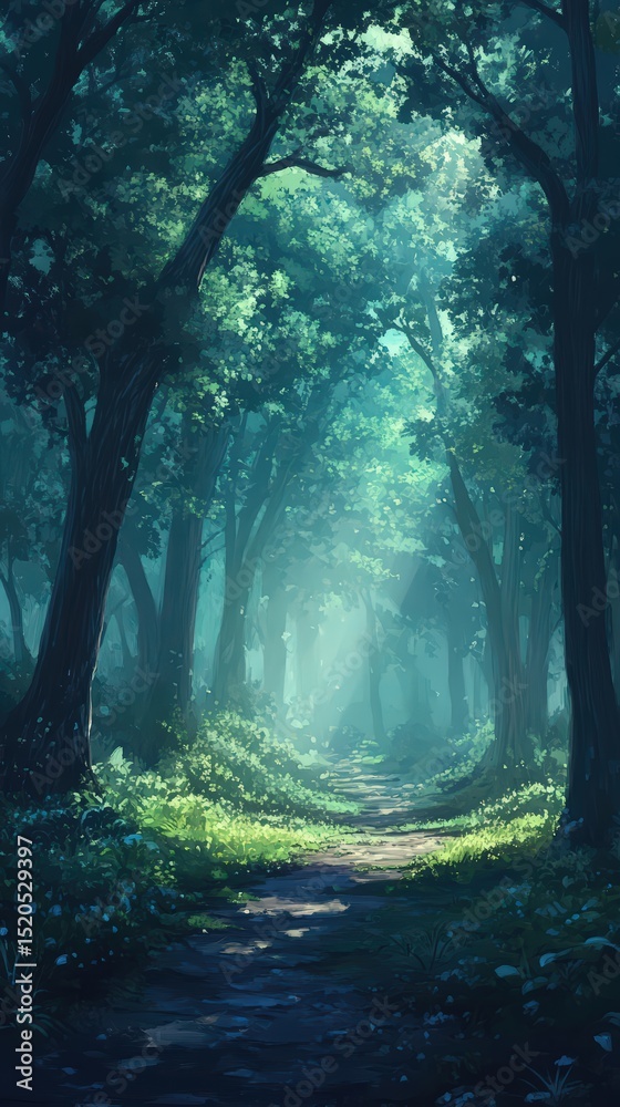 Fototapeta premium Enchanted path: A mystical forest landscape shrouded in ethereal light and mystery